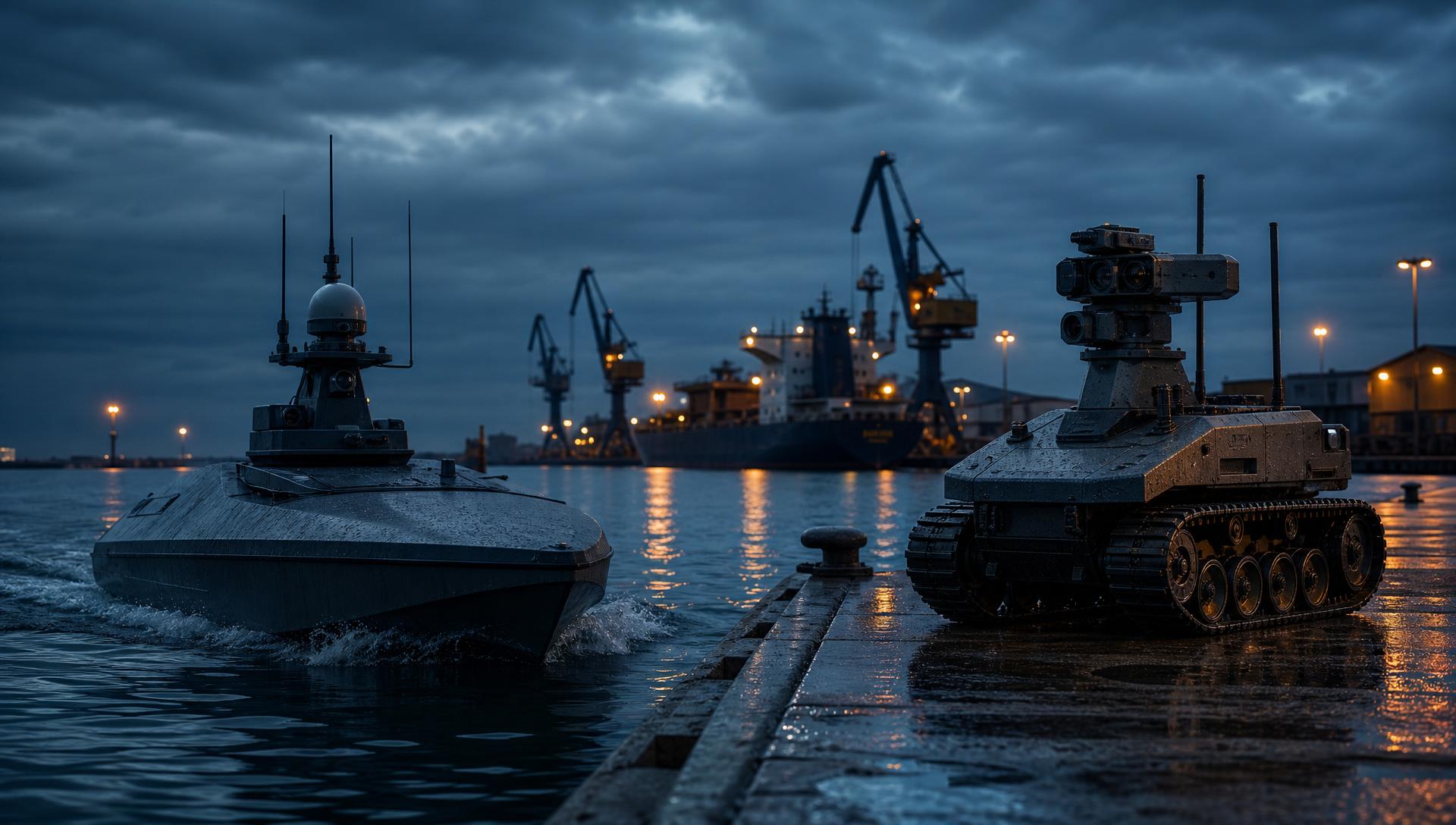Autonomous unmanned surface vessel and unmanned ground vehicle at a Baltic port at dusk.